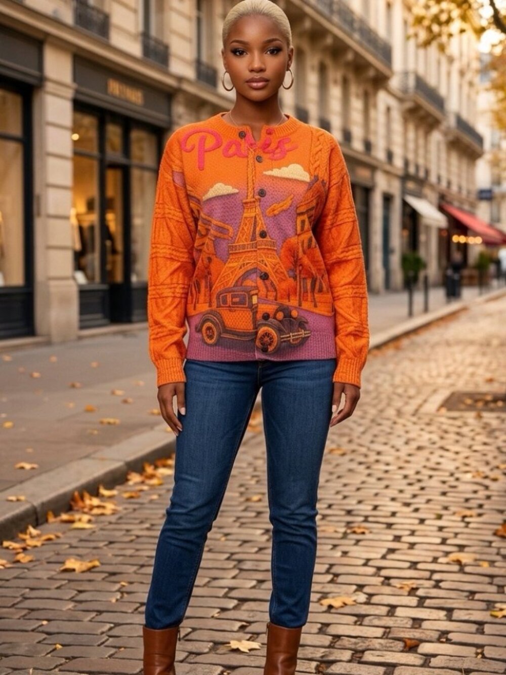 Women's Cardigan Sweater / All-Season Eiffel Tower Pattern for Casual and Formal